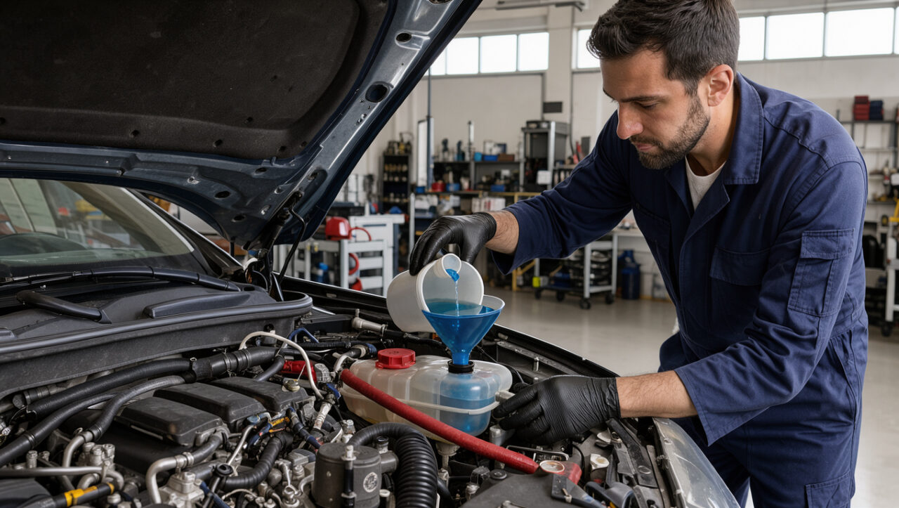 Un homme vérifie le niveau du liquide de refroidissement et remplit le réservoir d’un moteur de voiture dans un atelier.