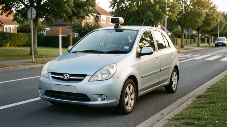 Voiture d’occasion moderne équipée de capteurs et de systèmes d’aide à la conduite, stationnée dans un environnement routier dégagé.