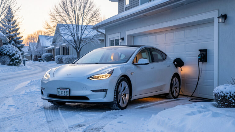 Voiture électrique garée dans une rue enneigée près d’une maison, avec une lumière chaude à l’intérieur et une borne de recharge à proximité.