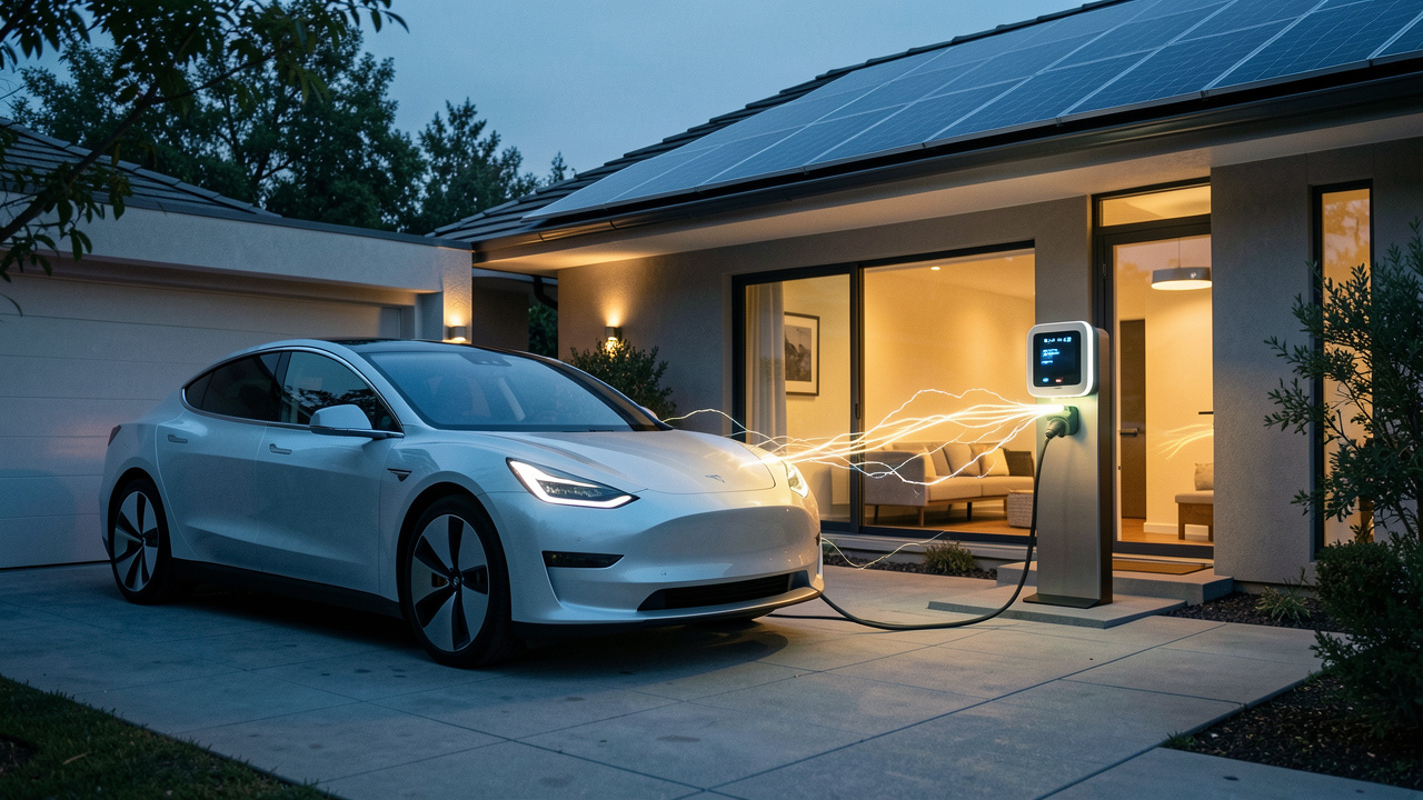 Voiture électrique reliée à une maison par une borne de recharge bidirectionnelle, fournissant de l’énergie au domicile au crépuscule.